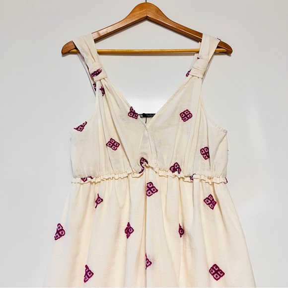 Zara Rustic Dress Womens Large Embroidered Midi Cottagecore Ivory Purple Boho - Picture 6 of 15